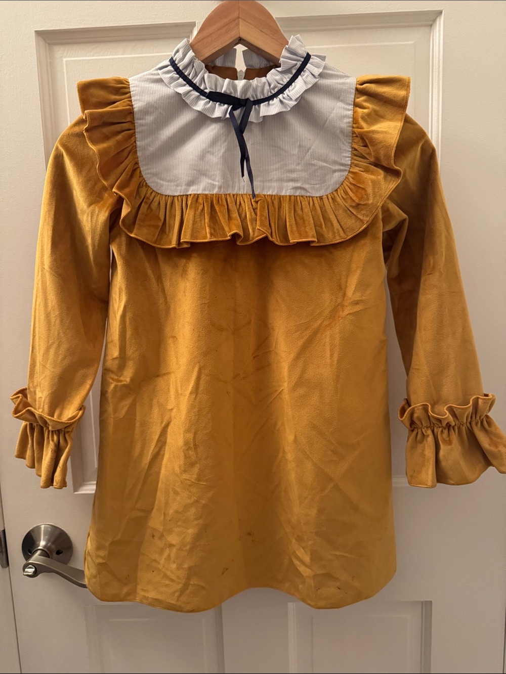 Girls' Mustard Yellow Ruffle-Yoke Dress with White Collar